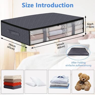 Коробки для зберігання під ліжком (3 шт.) з прозорим вікном та ручками - Складані контейнери для постільних речей, одягу, ковдр 60x45x15 см, темно-сірий