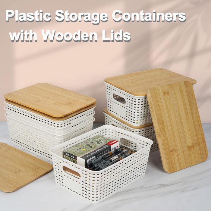 UHAPEER Storage Box with Bamboo Lid, 6 Piece Storage Basket, Plastic Basket Storage, Kitchen Organizer White, Stackable Storage Boxes, Box with Lid 25.6 x 18 x 10.7 cm