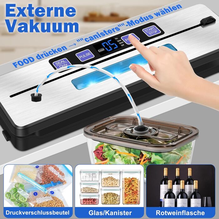 Вакуумний упаковник KLGFI 7-в-1: професійний, з подвійною зварювальною лінією, з різаком та цифровим таймером, комплект з 50 пакетами, срільно-чорний