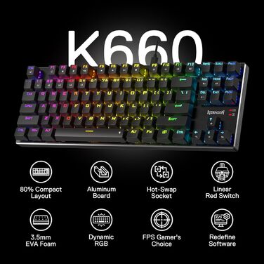 Redragon K660 RGB-механічна клавіатура для геймінгу, TKL, 87 клавіш, з підсвічуванням, підключення через кабель, алюмінієва база, тихі червоні перемикачі