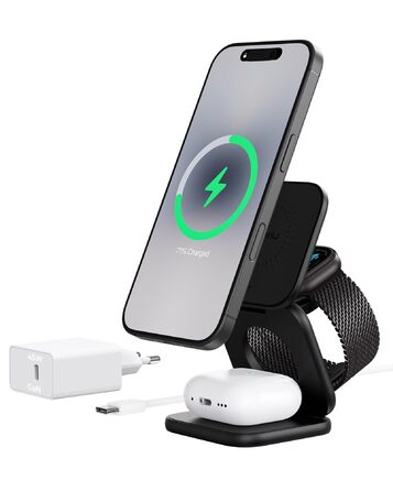 Зарядна станція KU XIU X40 Turbo Qi2.2 25W 3-в-1 для iPhone 17/16/15/14/13/12, Apple Watch та AirPods, складна бездротова зарядка, алюмінієвий адаптер GaN 45W (Чорний)