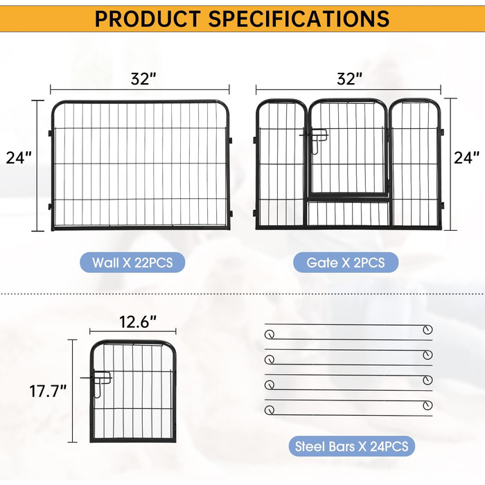 Металеве вольєр для собак BestPet з дверима, 32 панелі, різні розміри (61x81,3x101,6 см)