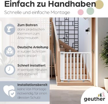 Захист для сходів Geuther Oris | Дверний захист для сходів з кріпленням, 2 клямки для поручнів, ширина | Стабільний захист з розпадною дверцятами | Дерев'яне дитяче гiтер, натуральний лак (білий, 95-135 см)