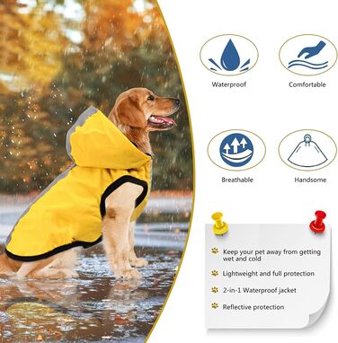Idepet Waterproof 2-in-1 Rain Jacket for Dogs, Lightweight Overall for Dogs with Hood, Breathable Rain Poncho with Hood and Reflective Strip for Small, Medium, Large Dogs (XL, Yellow)
