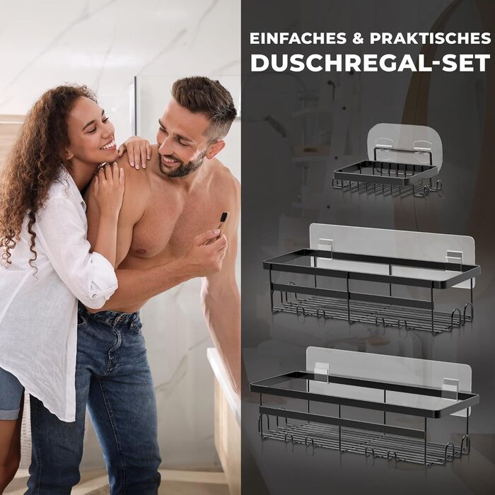 Настінна поличка для душу без свердління - тримач для шампуню та аксесуарів | Нержавіюча сталь | Набір з 3 поличок | Чорний колір