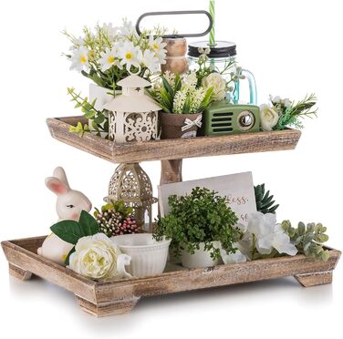 Hanobe Decorative Table Tray Shelving Wood: Brown Wooden Tray Large Rectangular with 2 Tiers Farmhouse Decorative Tray Vintage Shabby Serving Trays for Home Coffee Corner Bathroom