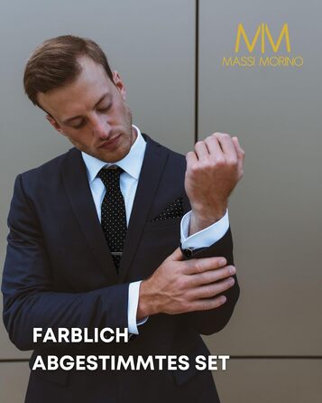 Комплект краватки Massi Morino з нагрудною хустинкою, запонками та затискачем для краватки в подарунковій коробці - Чорна краватка в крапку для весілля