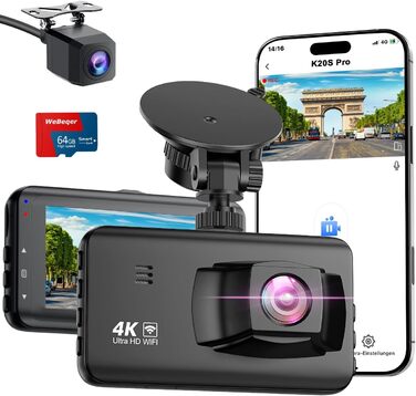 Відеореєстратор у машину Dashcam 4K з двома камерами, WiFi, 64GB SD карта, паркувальний асистент, нічне бачення, 170°+140° кут огляду, 3' IPS дисплей, G-сенсор, циклічна запис, паркування, підтримка карт до 256GB