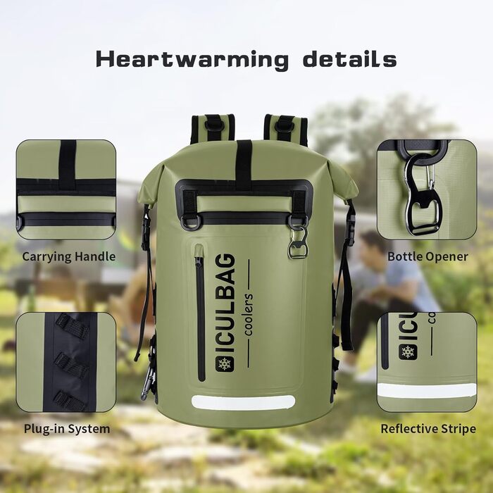 Рюкзак-холодильник Iculbag 35L для дорослих, 48 літрів, армійного кольору, для пляжу, кемпінгу та подорожей