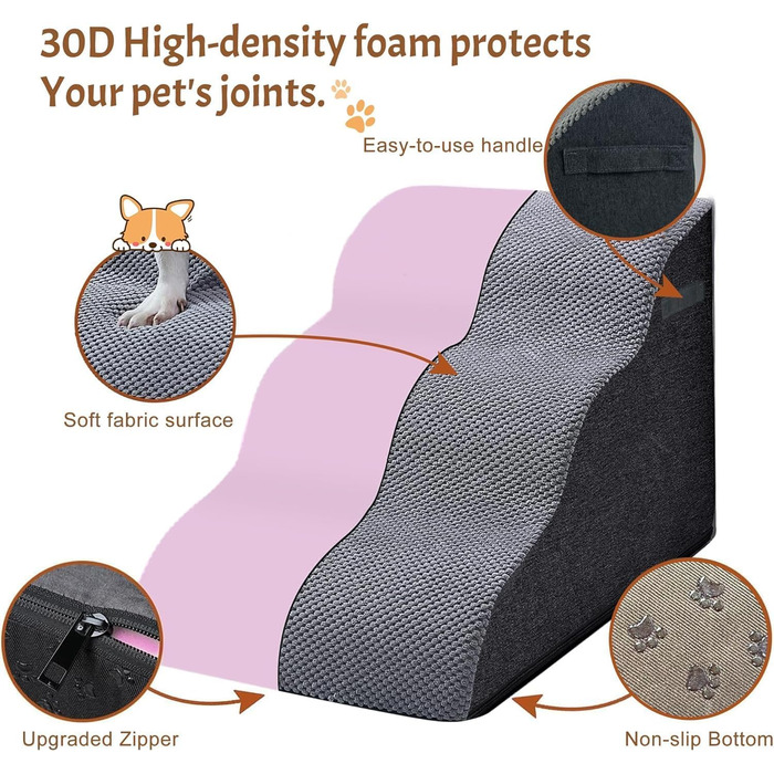 Сходинки для собак Breiter - 3 шт., 30 см, для маленьких собак, з щільним шаром піни, знімний чохол, неслизьке дно, 32x60x30 см