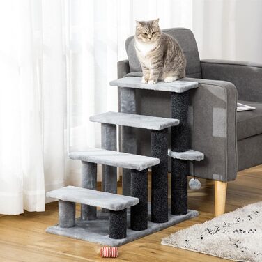 PawHut 4-Step Pet Stairs with Scratching Posts, Ball, Dog Stairs, Animal Stairs for Cats up to 5 kg, Plush Jute Grey, 60 x 40 x 64 cm