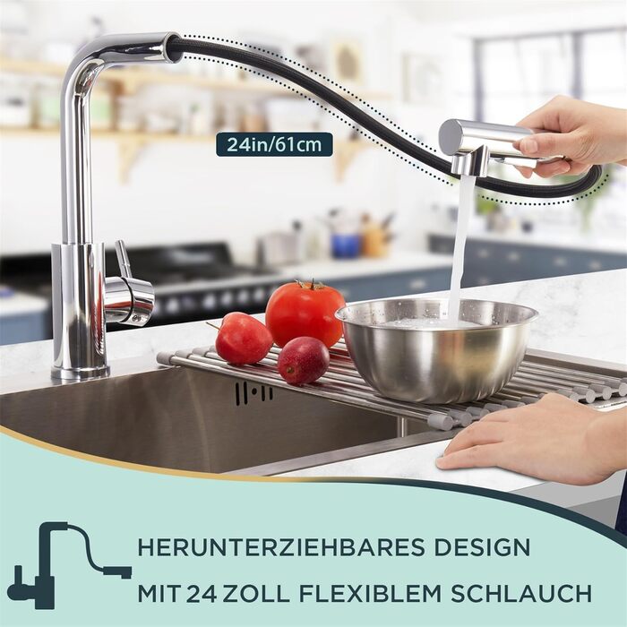 Змішувач для кухні FORIOUS з висувною лійкою та душем, 360° обертання, 2 режими, полірована хром