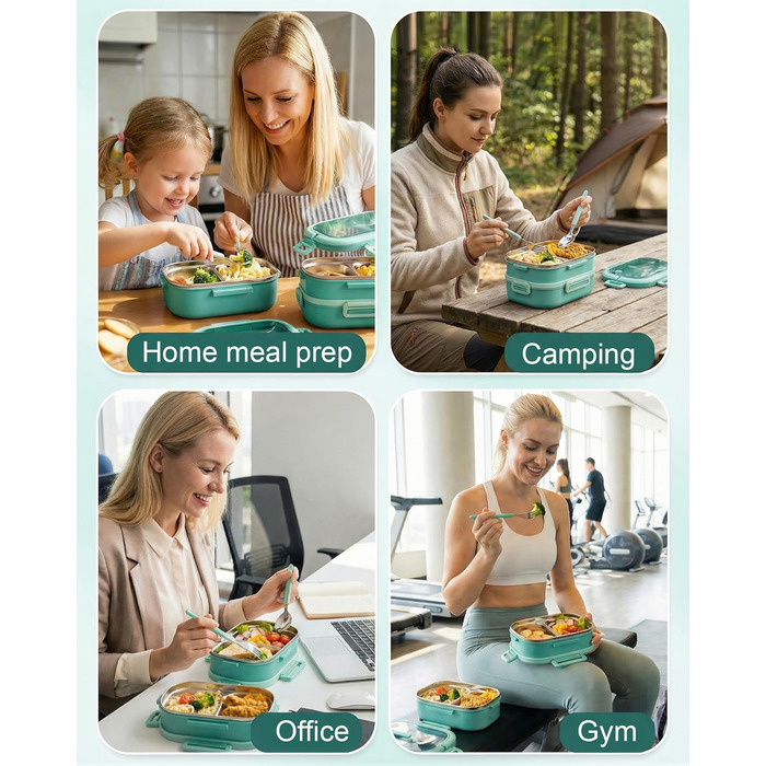 Ланчбокс Lille Home з 2 ярусами, 4 відділення, 1650 мл, з посудом, BPA-free, не протікає (Зелений)