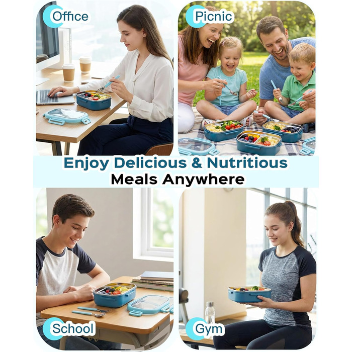 Ланчбокс Lille Home Bento з нержавіючої сталі, 850 мл, 2 відділення, витікання, з сумкою та столовими приборами, BPA-free (Світло-блакитний)