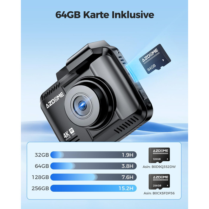 Відеореєстратор AZDOME GS63H Pro 4K з WiFi, GPS, Нічне бачення, 170° та Park Monitoring