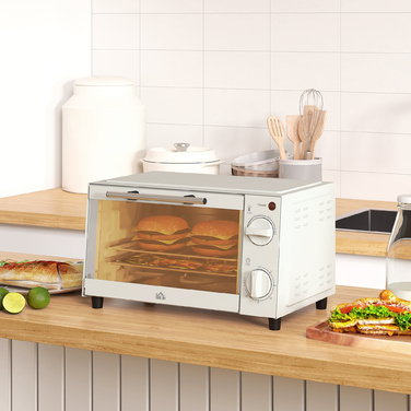 HOMCOM 9L Mini Oven with Baking Tray, Grill Rack, 100°C-230°C, with Adjustable Temperature and Cooking Time, 60 Min. Timer, 750W, Stainless Steel, Cream White | Aosom