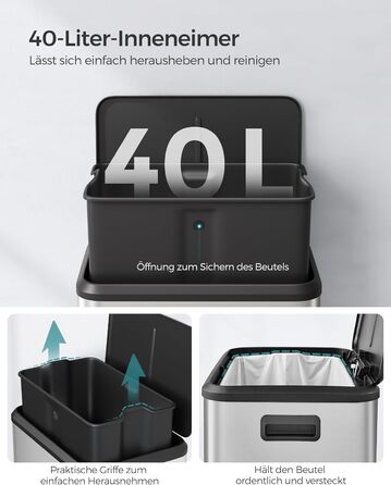 Відро для сміття SONGMICS 40 л з кришкою, педальним механізмом, Soft-Close, утримуванням кришки, срібне, LTB541E40