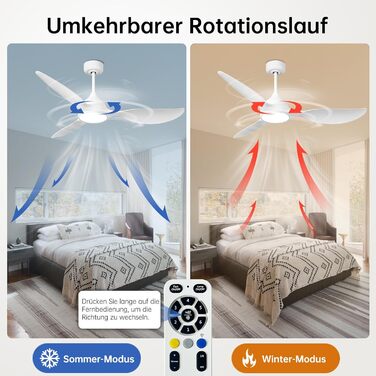 Стеляний вентилятор Reiga з підсвічуванням та пультом дистанційного керування 132 см, тихий реверсивний двигун, 6 швидкостей, таймер, регульована яскравість та 3 колірні температури, світло-коричневі лопаті (білий, з пультом)