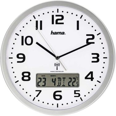 Hama Digital Radio Wall Clock (large radio clock with analog time display, wall clock with digital calendar and temperature display, incl. battery) Silver