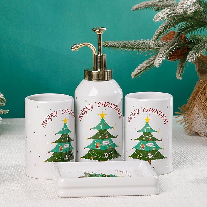 4-Piece Ceramic Bathroom Set, Artistic Line Face Bathroom Accessories Set with Soap Dispenser, Toothbrush Holder, Cup, Soap Dish, Abstract Bathroom Set for Decor, Cream (Christmas Tree)