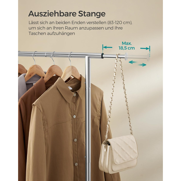 SONGMICS Clothes Rack with Wheels, Extendable Clothes Rod, Garment Rack Made of Steel Pipes, Elevated Storage Rod, 40 x (83-120) x 156 cm, Cloud White HSR134W01 (Silver)