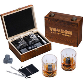 Whiskey Stones Gift Set for Men - 8 Whiskey Scotch Bourbon Chilling Stones, 2 Whiskey Glasses in Wooden Box - Christmas/Father's Day/Birthday/Gift for Dad Papa Friend