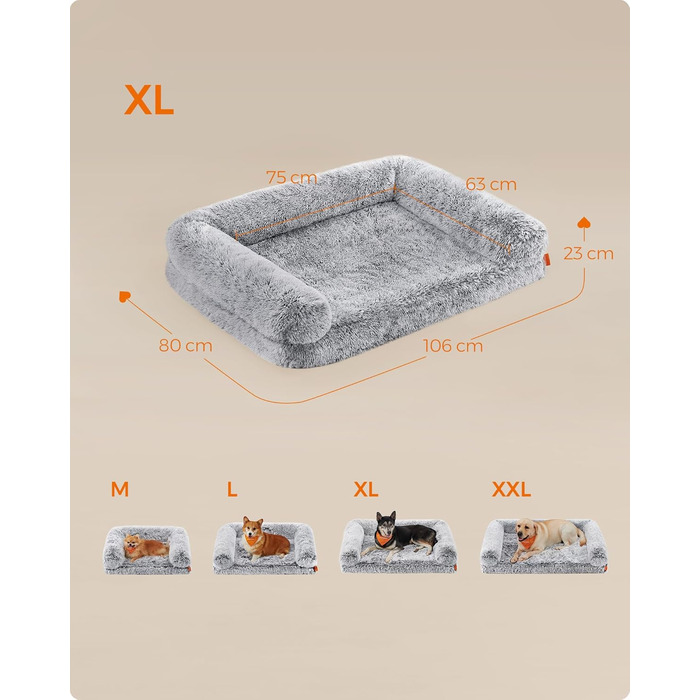 Feandrea FluffyHug Dog Bed, XL Size Dog Cushion, Dog Mat for Medium and Large Dogs, Dog Sofa with Plush Foam, Removable and Washable Cover, 106 x 80 x 23 cm, Ombré Grey PGW233G01