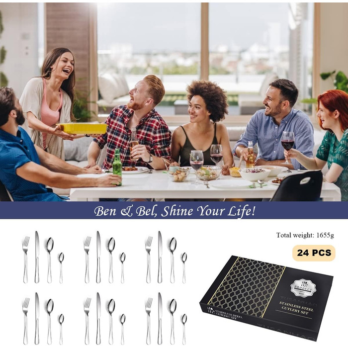 Набір столових приборів Ben & Bel на 6 осіб (24 шт.) з нержавіючої сталі - ніж, виделка, ложка, подарункова коробка, легкий у догляді, придатний для миття в посудомийній машині