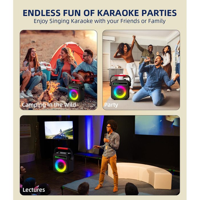Караоке машина для дорослих та дітей – портативна система з 2 мікрофонами, Bluetooth, TF, USB, AUX, TWS, динамік, чорна