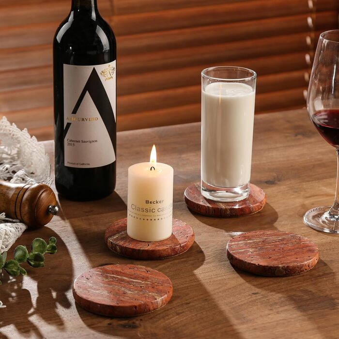 HAMAKAWA Genuine Natural Marble Coasters, Set of 4, Red Stone Coasters Φ10cm, Modern Round Travertine Drink Coasters for Home Decoration, Coffee Table, Office