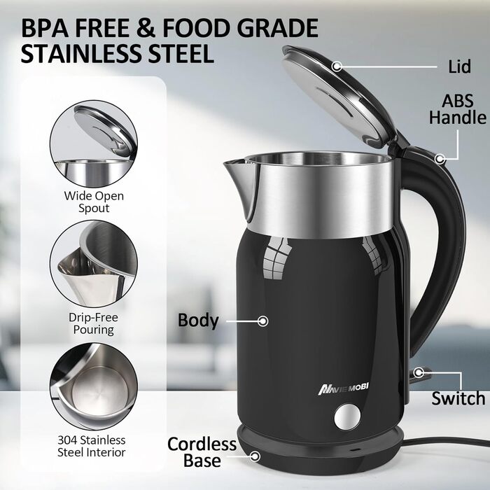 Navie Mobi Stainless Steel Electric Kettle - 1.8L, 2200W Fast Boil, BPA Free, Double Wall, Drip-Free, Auto Shutoff, Quiet & Cordless, SGS Certified, Turquoise Green (Black)