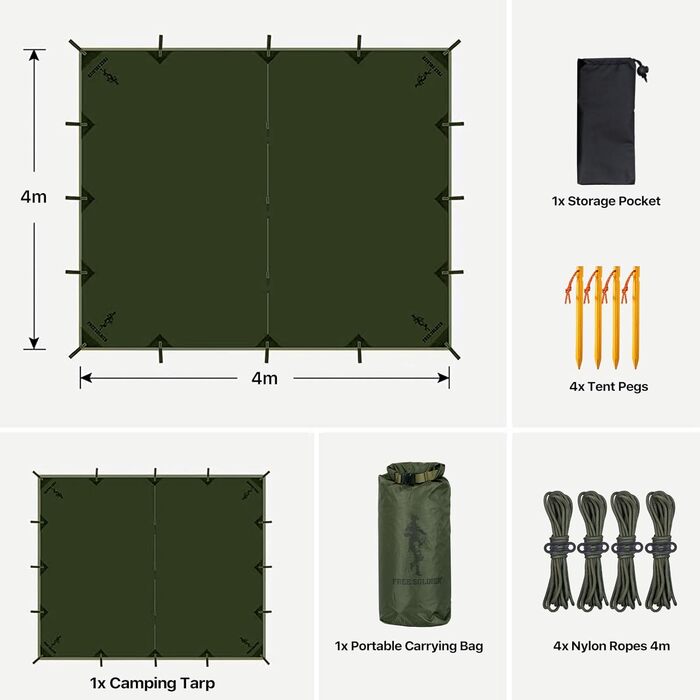 FREE SOLDIER 3x3.2m Tarp - Waterproof, UV Protection, Lightweight Camping Shelter - Military Green