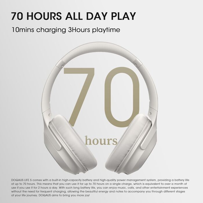 DOQAUS Бездротові Bluetooth навушники Over-Ear з мікрофоном, 70 годин роботи, Bluetooth 5.3, 3 режими EQ, HiFi Stereo, складні, сірий колір