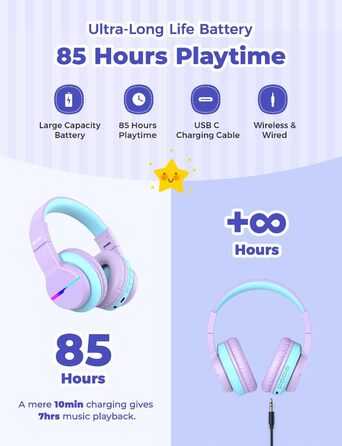 iClever Бездротові навушники для дітей з LED-підсвічуванням, Over-Ear, Bluetooth 5.2, мікрофон, BTH12, фіолетовий