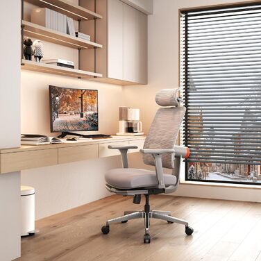 Офісне крісло Newtral MAGICH-PRO з підніжкою: ергономічне, з підтримкою голови та попереку, до 150 кг, сірого кольору