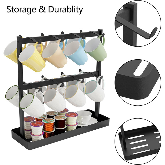 YUMORE Mug Holder with 16 Hooks, Metal Coffee Cup Holder with Storage Bottom, Coffee Mug Holder, Cup Rack for Kitchen, Dining Room, Cafe Counter, Black, 42 * 15 * 41.5cm