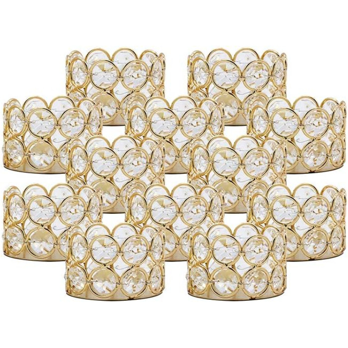 VINCIGANT Tealight Holder Gold Crystal, Metal Candle Holder Stand 12-Piece Set // Christmas Decoration, Living Room, Wedding Table Decoration