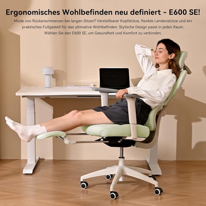 Ергономічне крісло для офісу Musso E600SE з регульованою поперековою підтримкою, 3D-підлокітниками та підголівником, з підніжкою, для жінок, захист спини, зелене