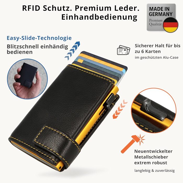 Шкіряний гаманець-картхолдер SecWal з монетницею та RFID-захистом, жовто-чорний, Made in Germany