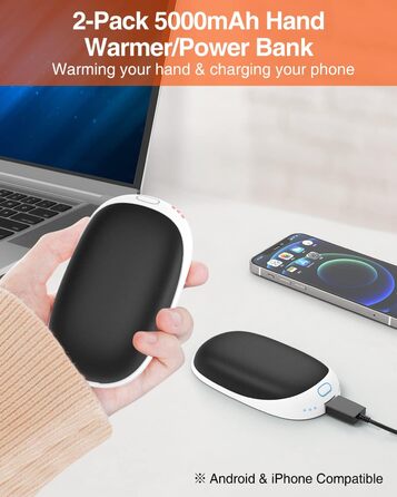 Jonwall Електричний підігрівач рук 2 шт. 5000mAh, перезаряджуваний, магнітний, USB Powerbank, подарунок для жінок та чоловіків, чорний
