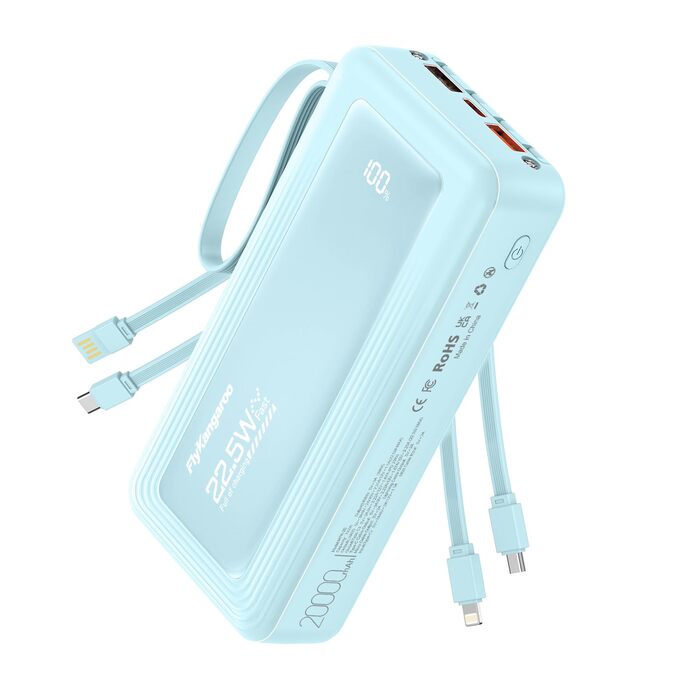 Power Bank 20000mAh, 22.5W, 6 виходів, 2 входи, LED дисплей, сумісний з iPhone, Samsung, Pixel, блакитний