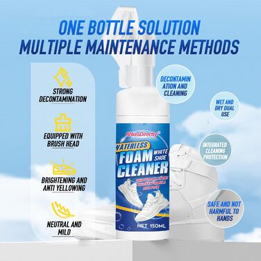 AhkeaDirectly 150 ml Shoe Cleaning Set, White Sneaker Cleaner, Water-Free Foam Sneaker Cleaner, White Shoes, Suede, Boots, Canvas, PU, Fabric, etc. Environmentally Friendly