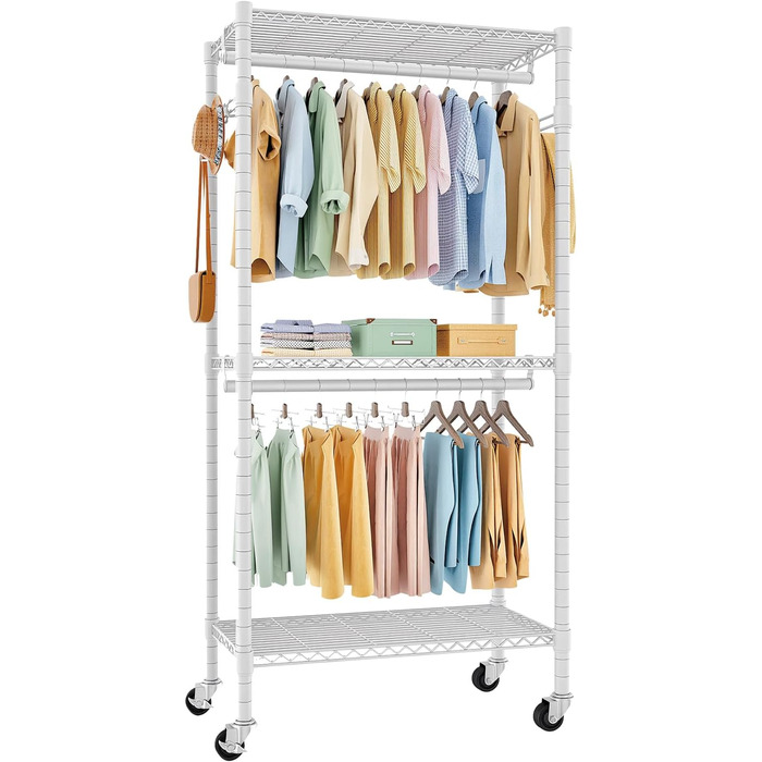 Вішалка для одягу на коліщатках, металева, з полицею та гачками (біла, 41x81x210 см)