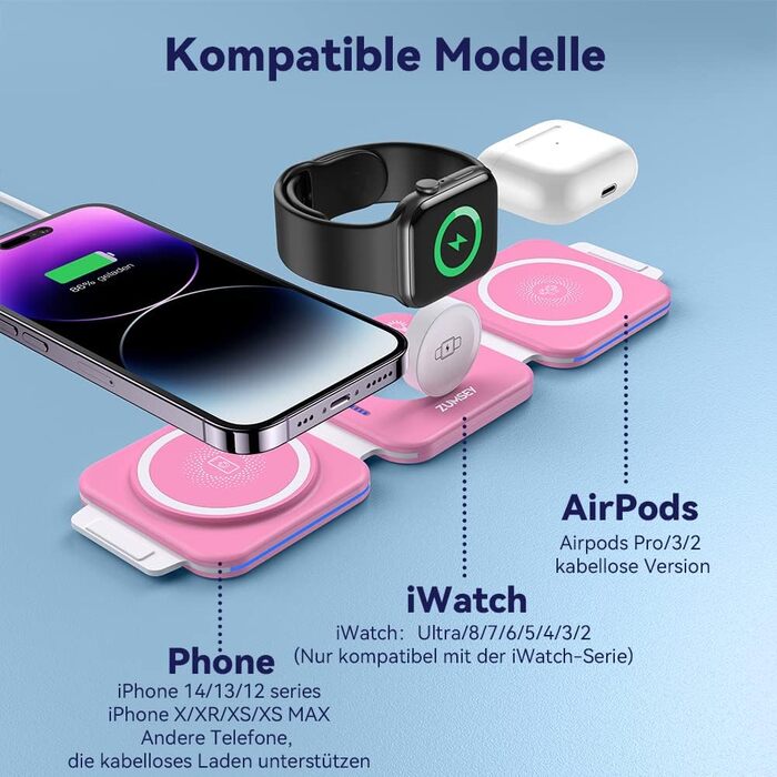 3-в-1 Бездротова зарядка для Apple Watch та iPhone (Рожева)