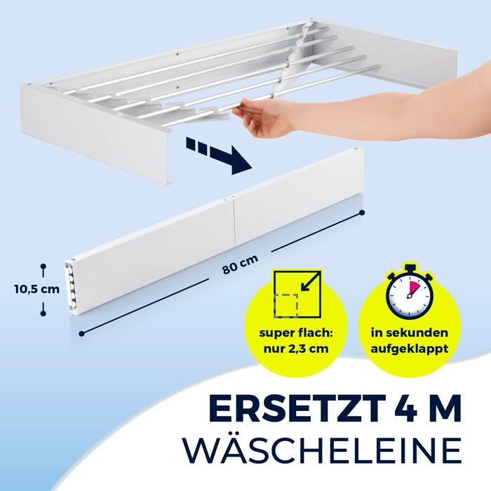 Сушарка для одягу EASYmaxx Wandwäschetrockner 400 на стіну – компактна та висувна, 80 x 40 x 10,5 см, 4 м довжини сушіння. Підходить для сушіння одягу в приміщенні та на вулиці без електроенергії.