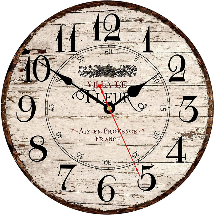 Toudorp Wall Clock Wooden French Country Style Quiet Wall Clock Easy to Read Battery Operated Home Decorative Retro Wall Clock (French Country, 12 inches)