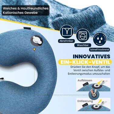 Подушка для шиї HIKENTURE надувна для подорожей літаком/поїздом з чохлом, синього/темно-синього кольору. Надувна подушка для шиї, зручна для дорослих.