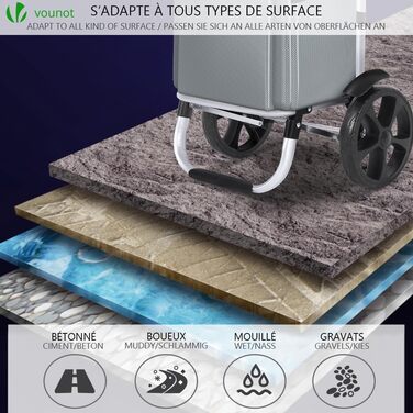 Складаний алюмінієвий візок VOUNOT для покупок, 45 л, водонепроникна сумка, 2 великі колеса з бризковиками, візок для сходів, сірий