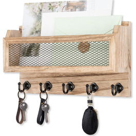 Brief and key holder for wall decoration, 27.9 cm (11 inches) wooden wall key organizer with 5 key hooks, wall mount, storage shelf for entryway, hallway (white) (wood)