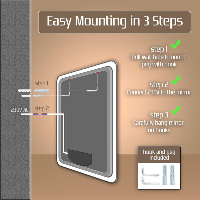 Дзеркало для ванної кімнати Venti 60x60 см з підсвічуванням та сенсорним вимикачем, LED дзеркало для ванної, квадратне дзеркало на стіну